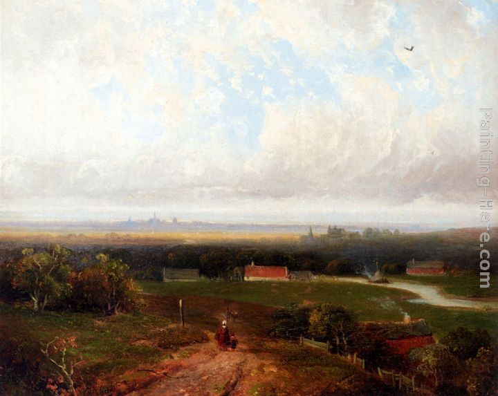 A Panoramic View Of Haaelem With Figures On A Track In Kraantje Lek In The Foreground painting - Pieter Lodewijk Francisco Kluyver A Panoramic View Of Haaelem With Figures On A Track In Kraantje Lek In The Foreground art painting